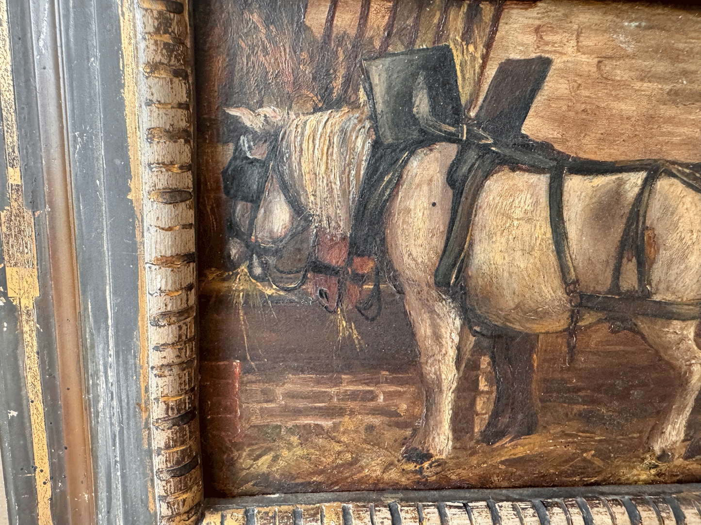 antique french framed pol painting horses stable barn