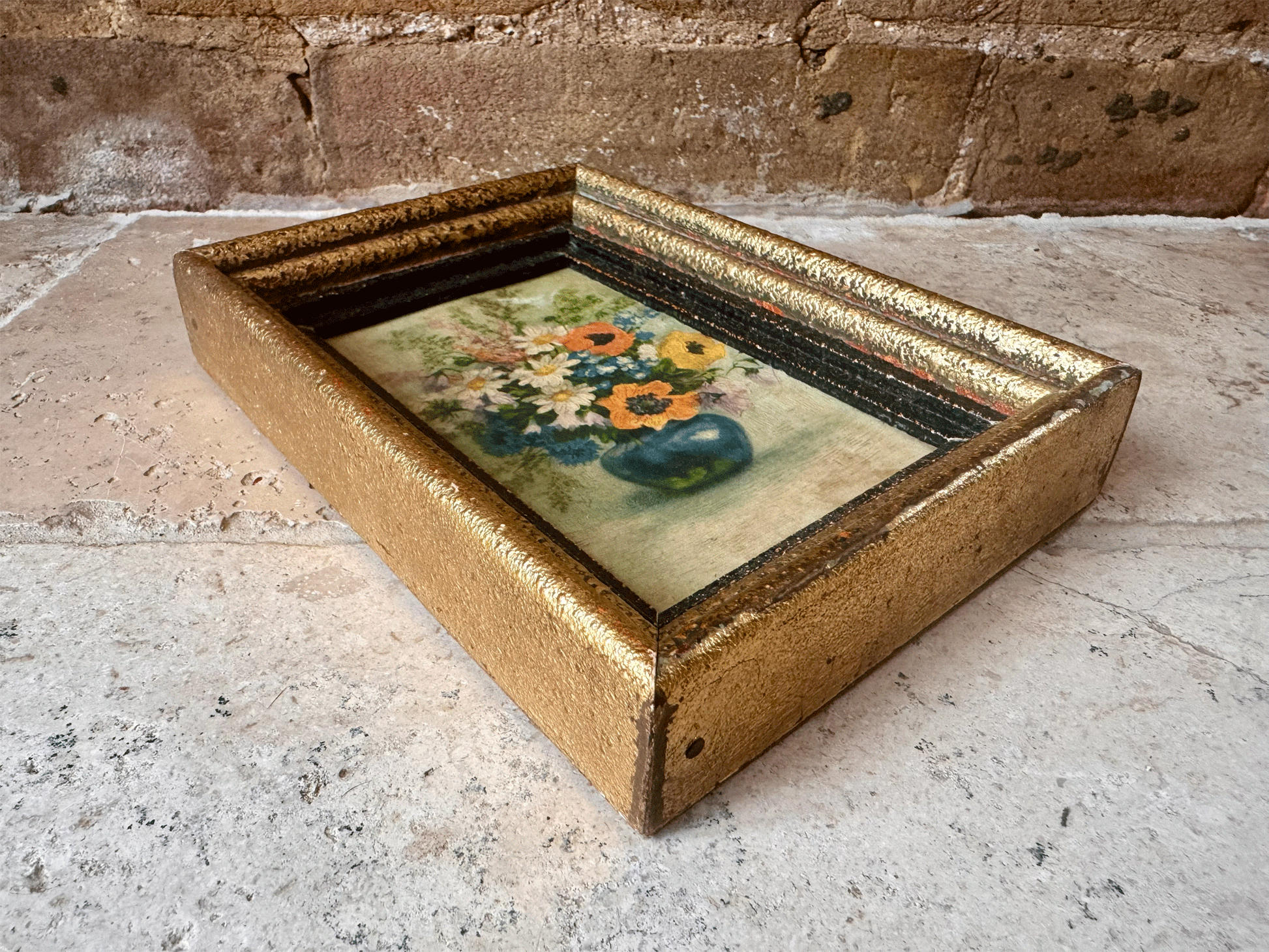 antique french small framed oil painting board floral composition still life blue vase