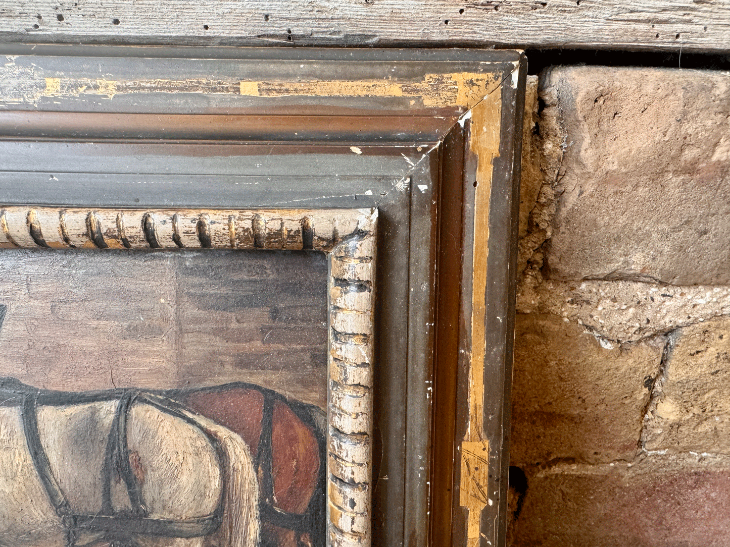 antique french framed pol painting horses stable barn
