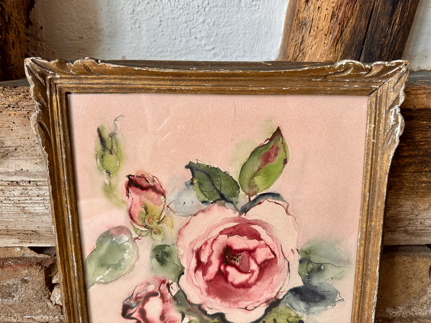 antique vintage french framed signed rauett pink rose watercolour painting artwork