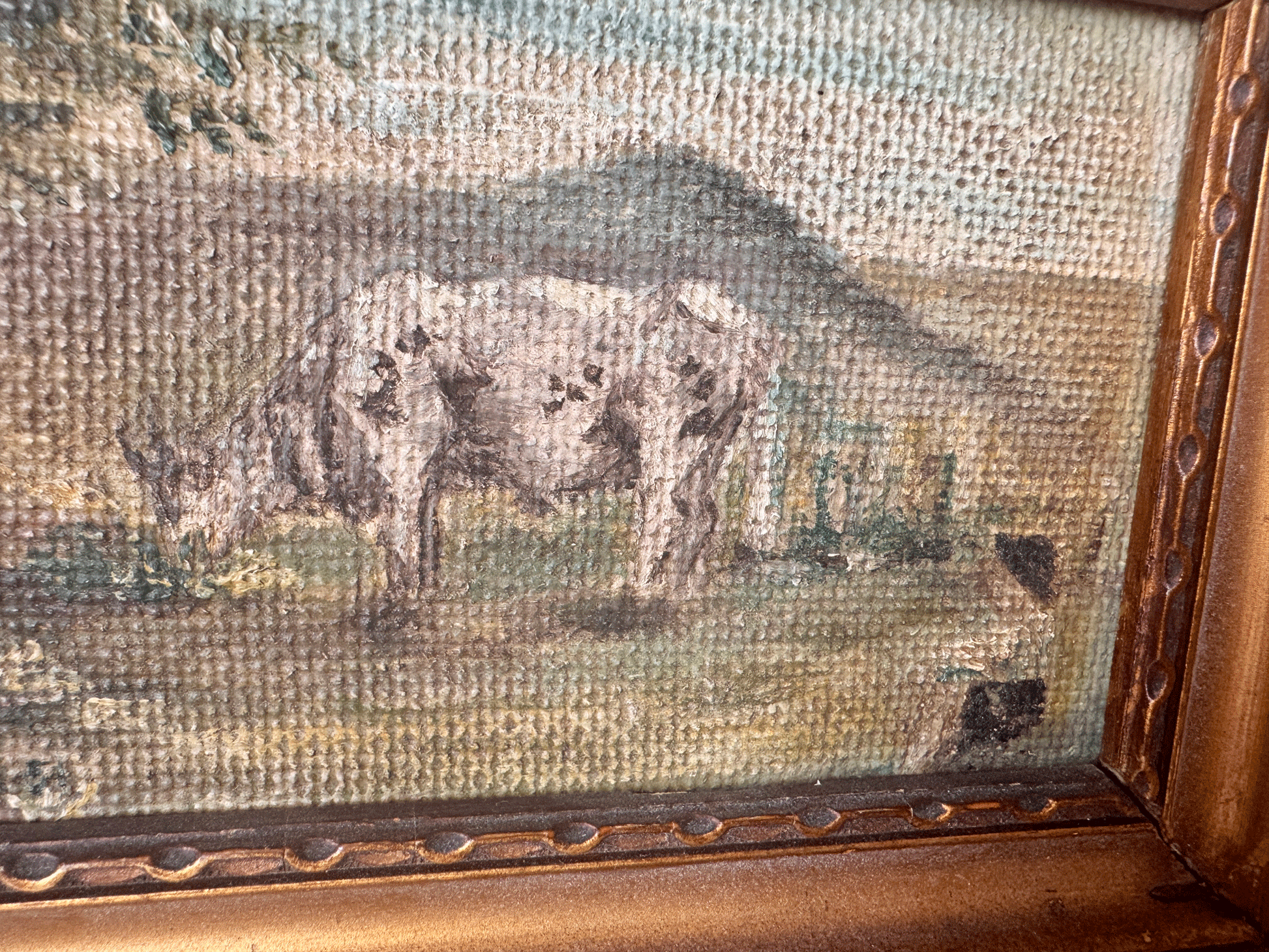small antique french signed gilt gilded framed oil painting board grazing cow small boy child