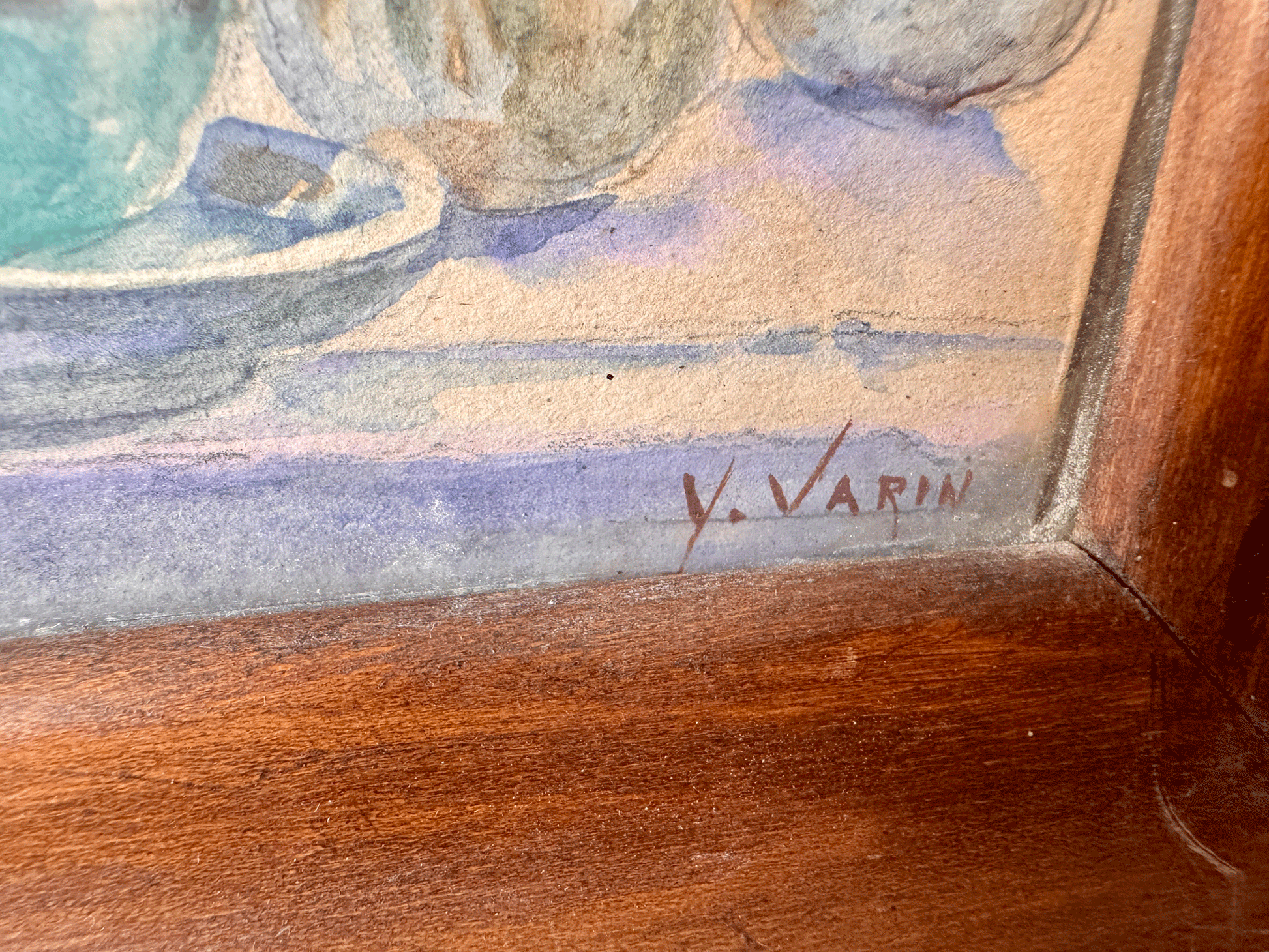antique french framed watercolour painting florals tablescape fruit still life signed y varin