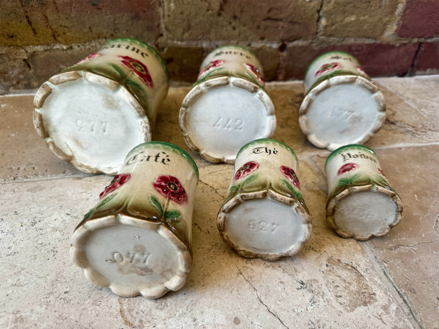 antique french timeworn charming character barbotine majolica relief decoration flowers poppies ironstone set canisters