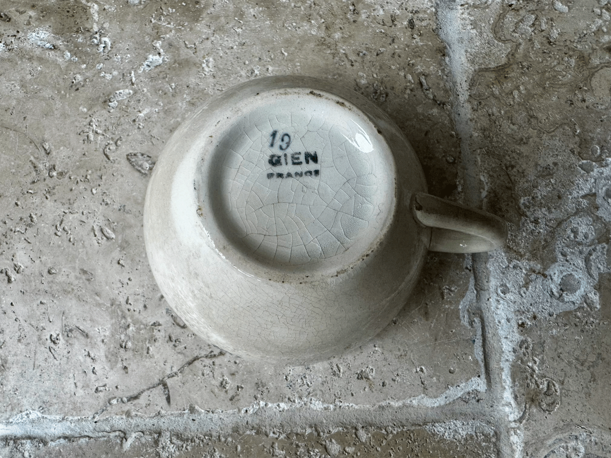 antique french rustic buttery crazed aged blue transferware coffee cup cafe au lait gien terre de fer ironstone