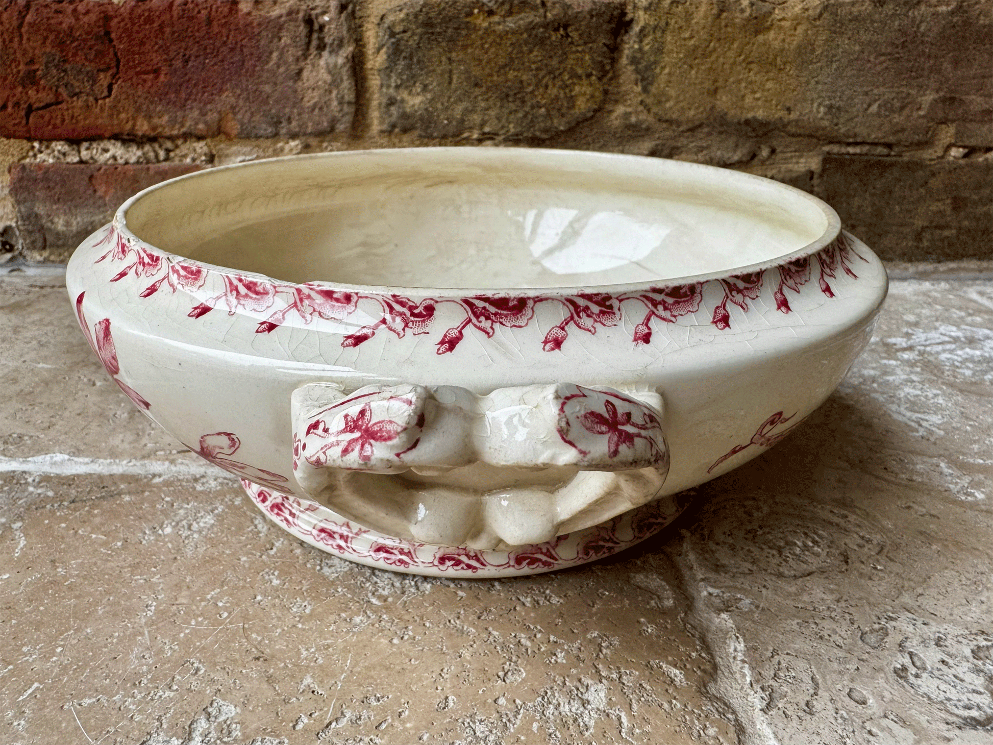 antique gien terre de fer ironstone passiflore pink transferware soupiere soup tureen bowl