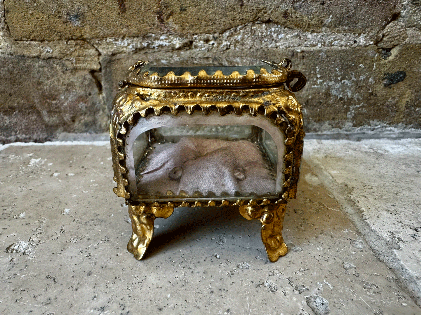 antique french 19th century ormolu bevelled glass punk cushion jewel trinket jewellery casket box