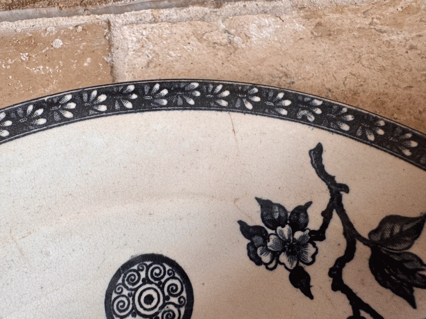 antique french dark blue transferware ironstone terre de fer pate grand depot marguerite