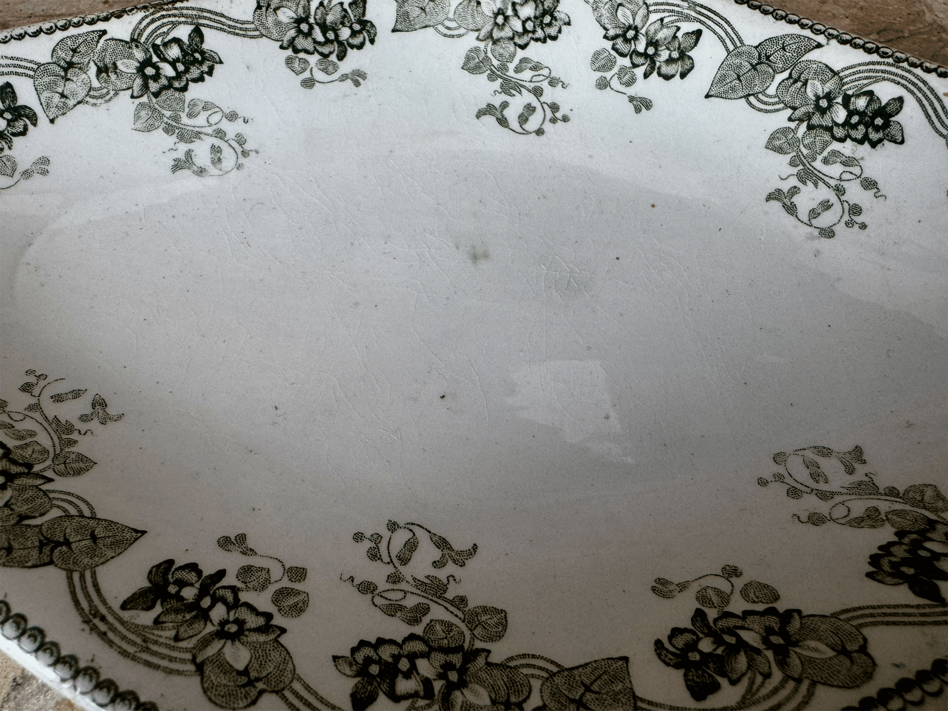 antique french green transferware ironstone terre de fer ravier plate hammage loups moulins 