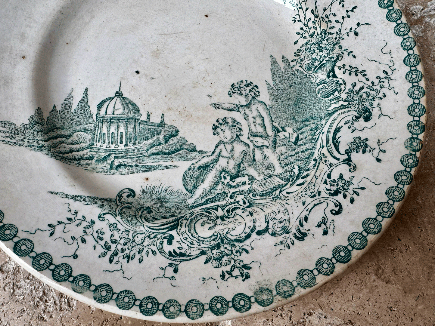 antique french terre de fer green transferware side plate st amand trianon cherubs