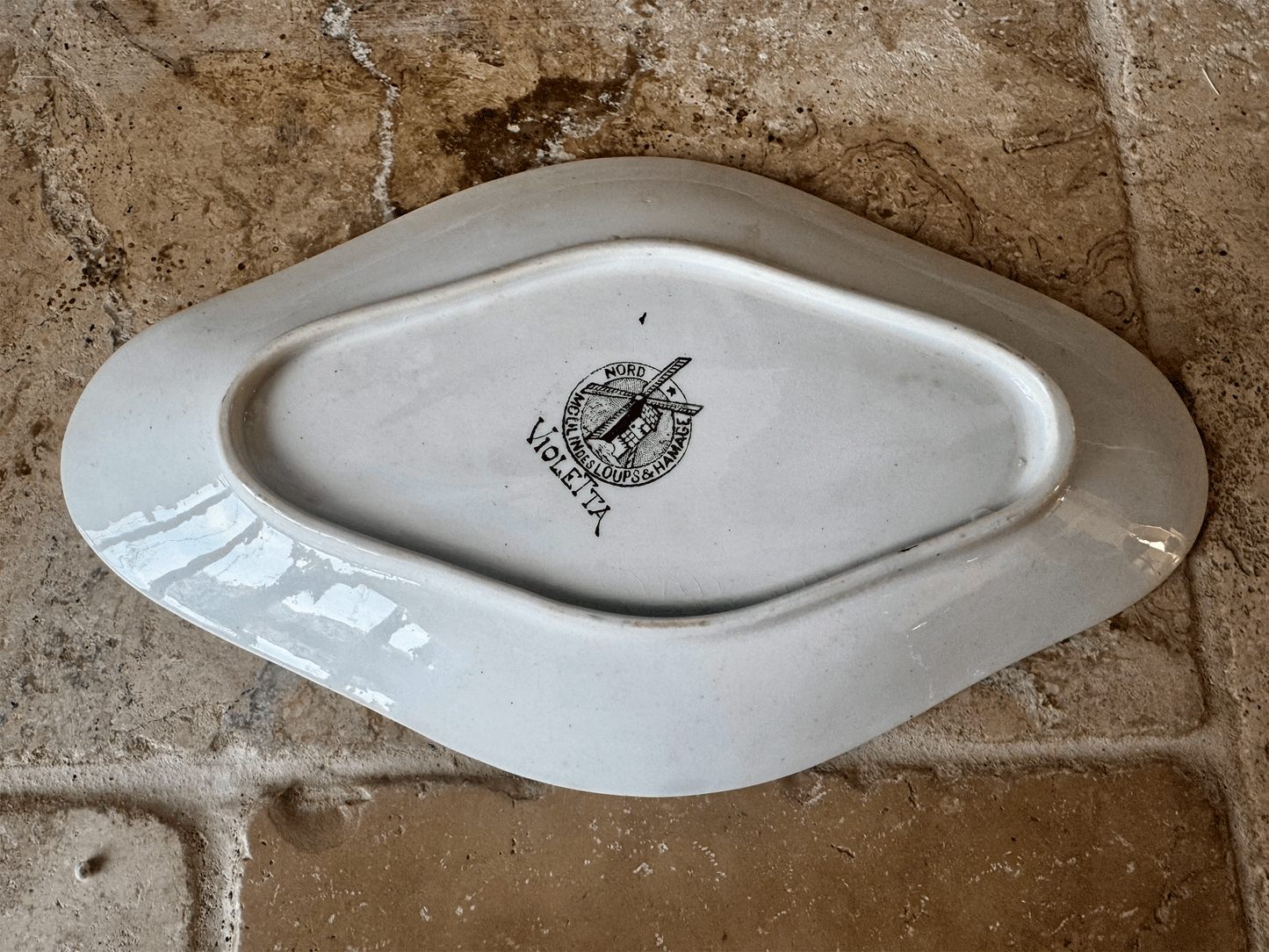 antique french green transferware ironstone terre de fer ravier plate hammage loups moulins 