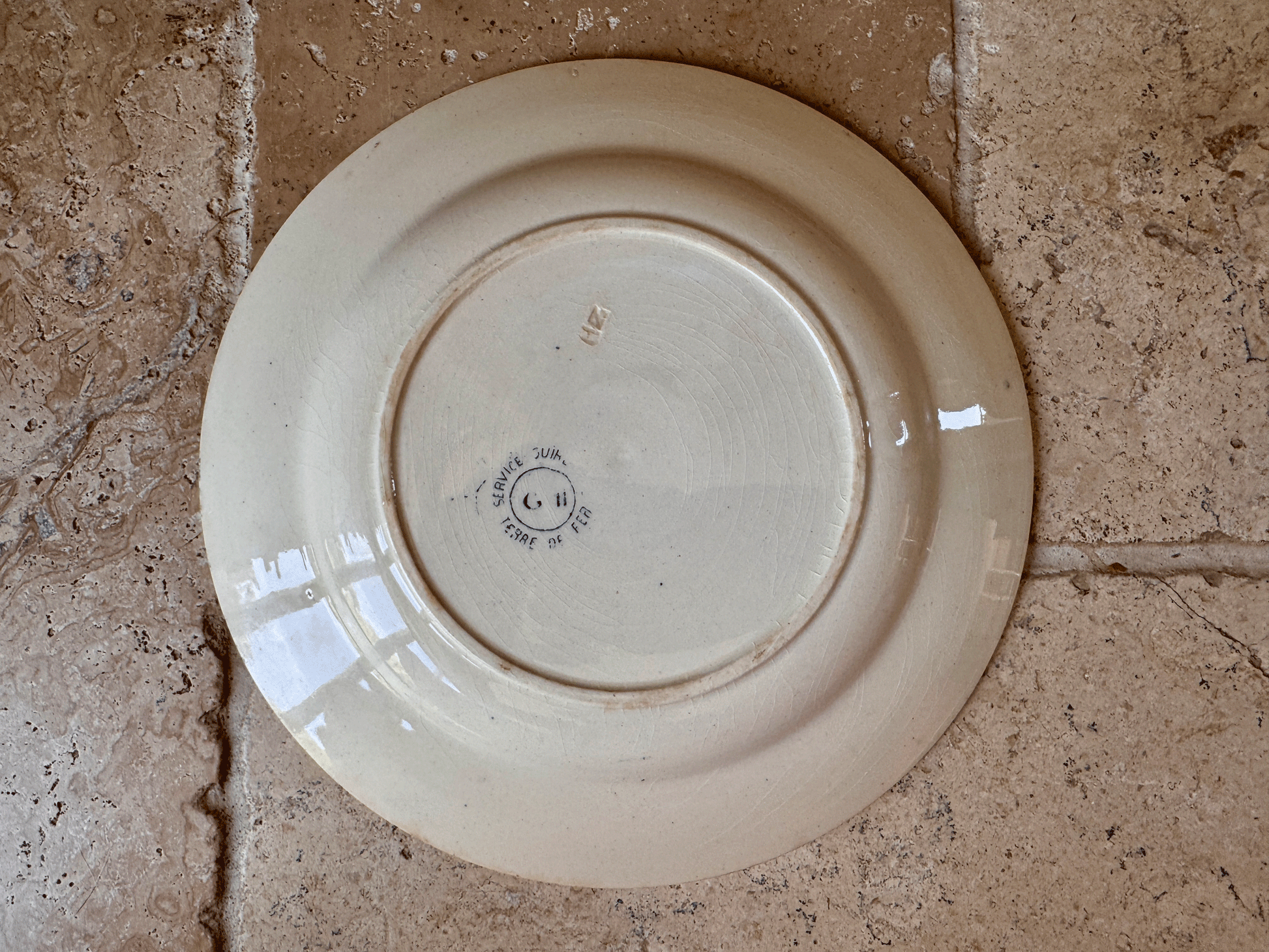 antique french teal transferware terre de fer ironstone plate caiffa guirlande