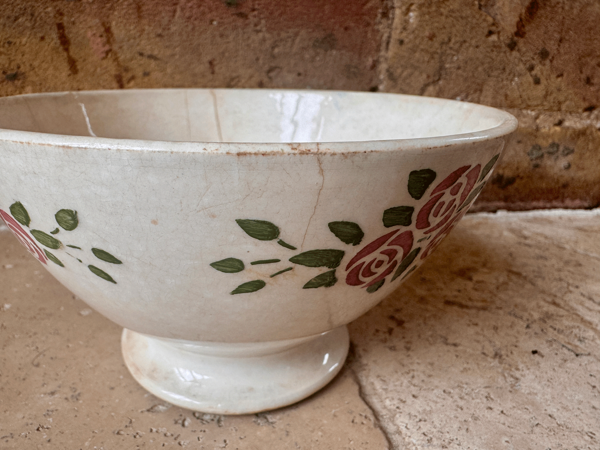 antique french chippy timeworn buttery ironstone cafe au lait bowl hbcm transferware roses