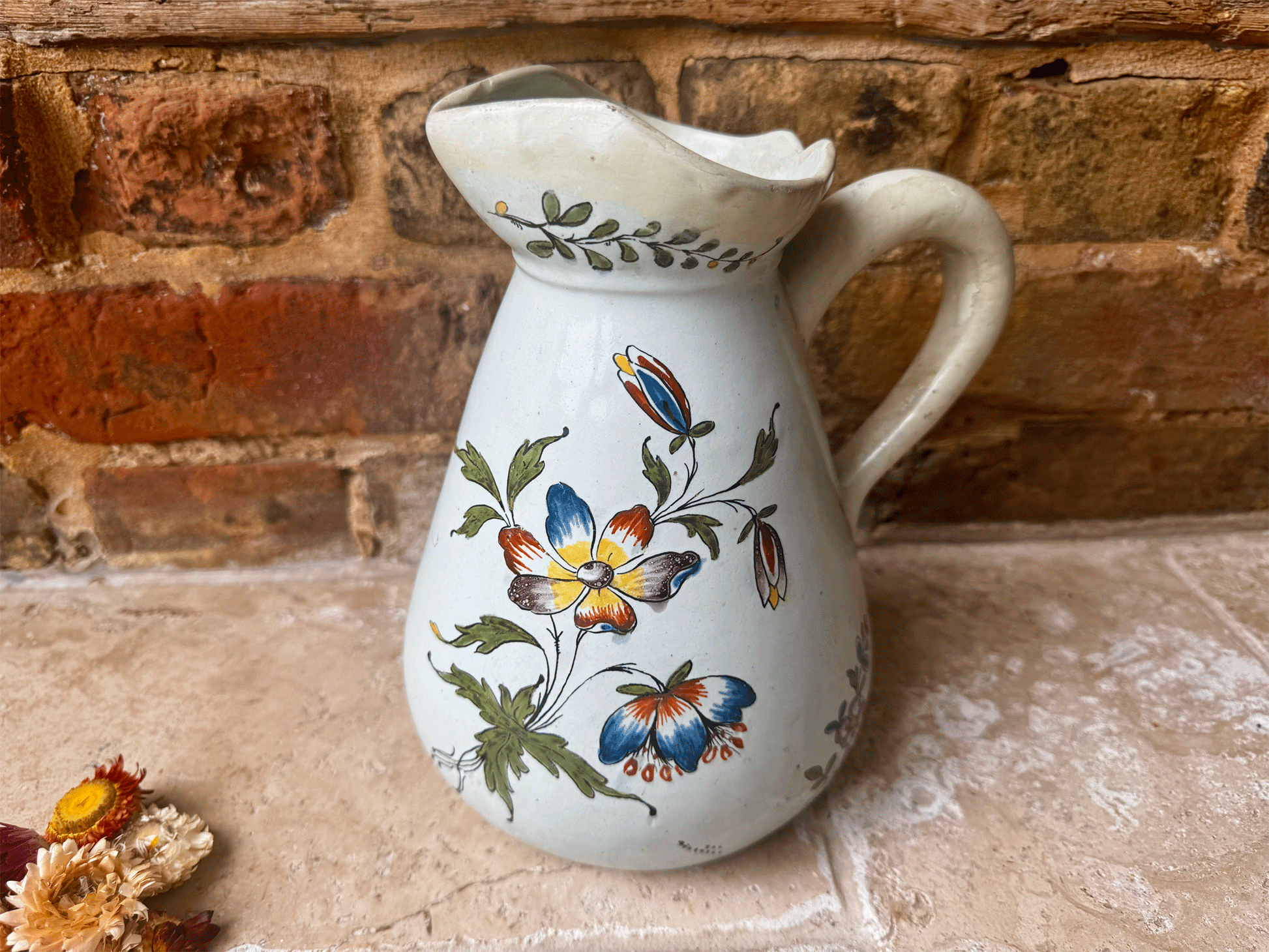 antique french large hand painted stoneware studio jug vase florals dragonfly