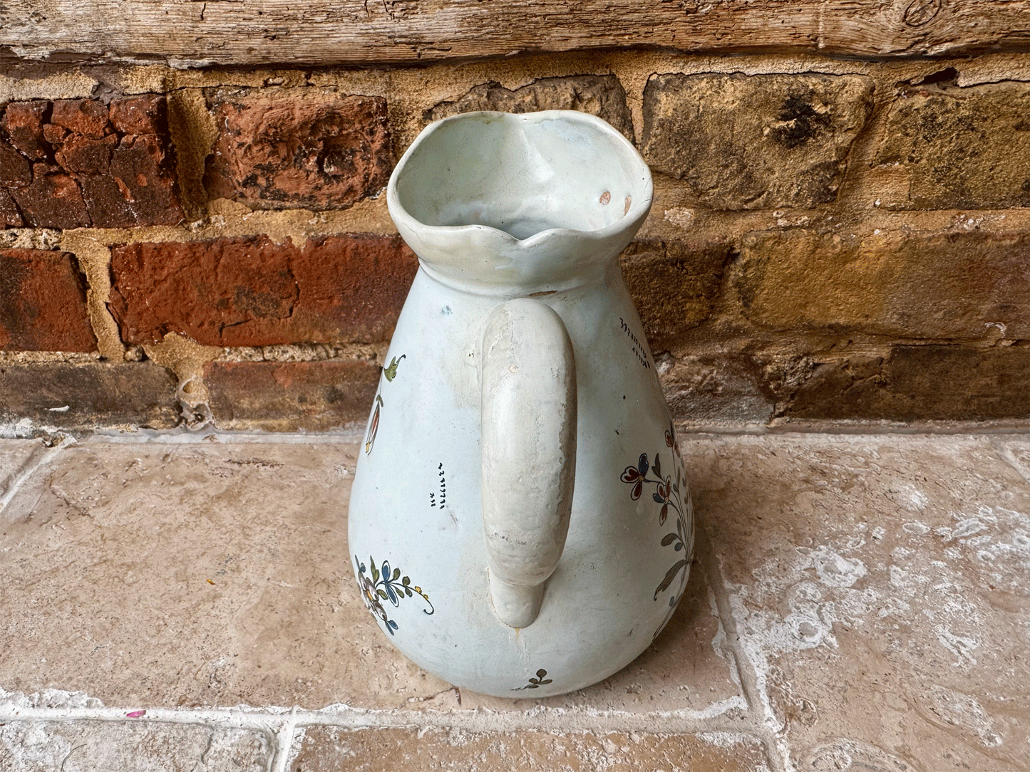 antique french large hand painted stoneware studio jug vase florals dragonfly
