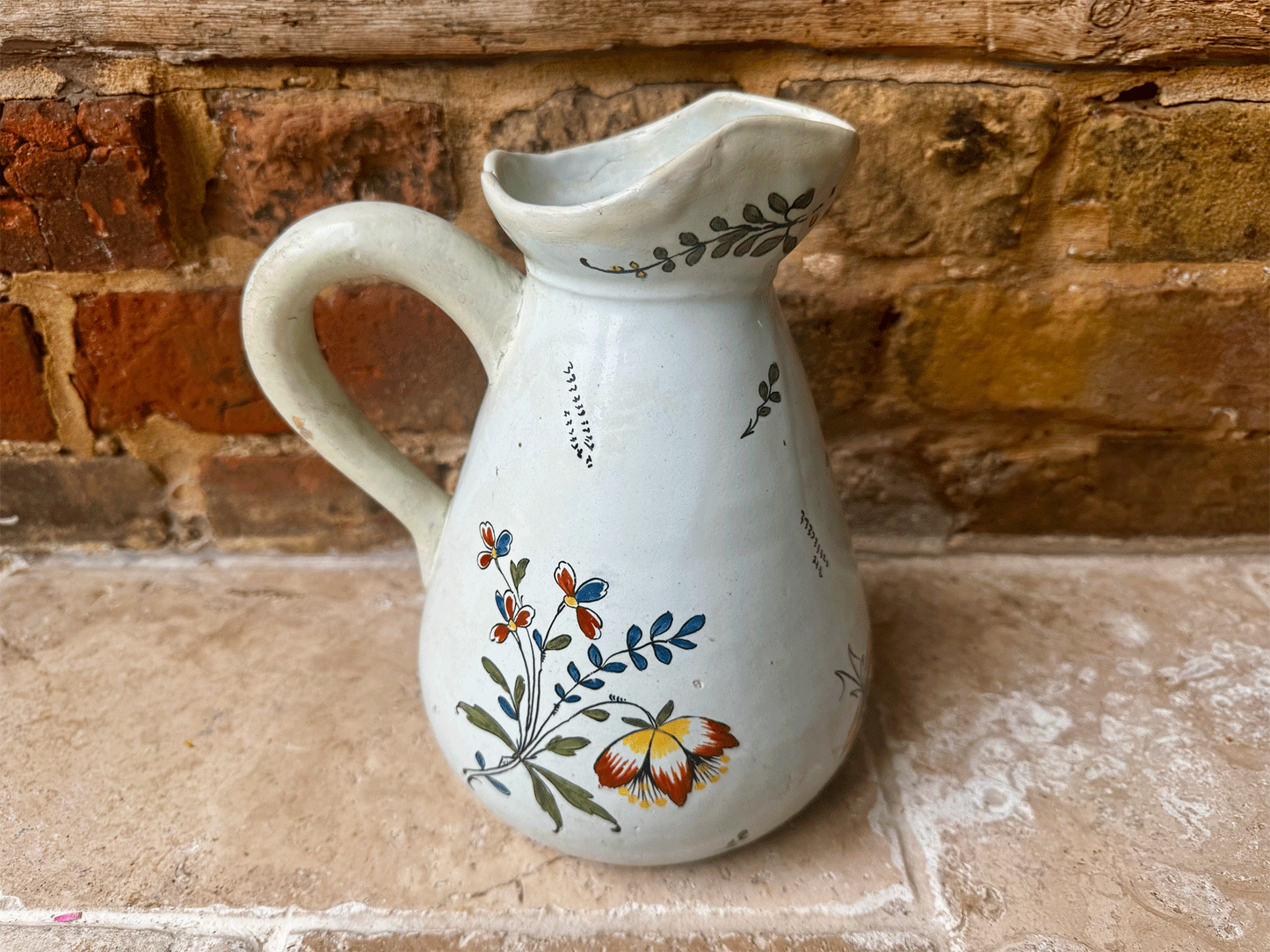 antique french large hand painted stoneware studio jug vase florals dragonfly