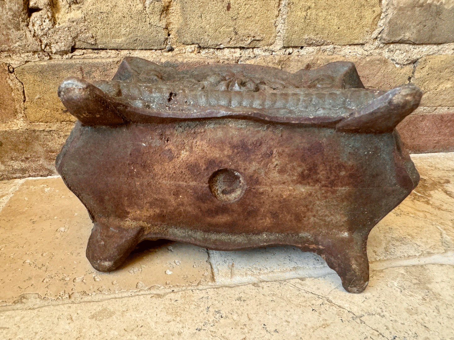 antique french heavy lead cast iron garden planter jardiniere decorative garland rosettes windowsill