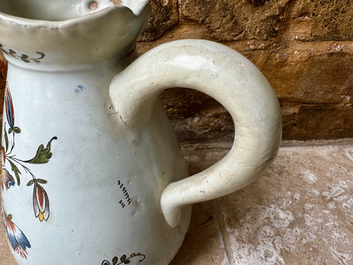 antique french large hand painted stoneware studio jug vase florals dragonfly