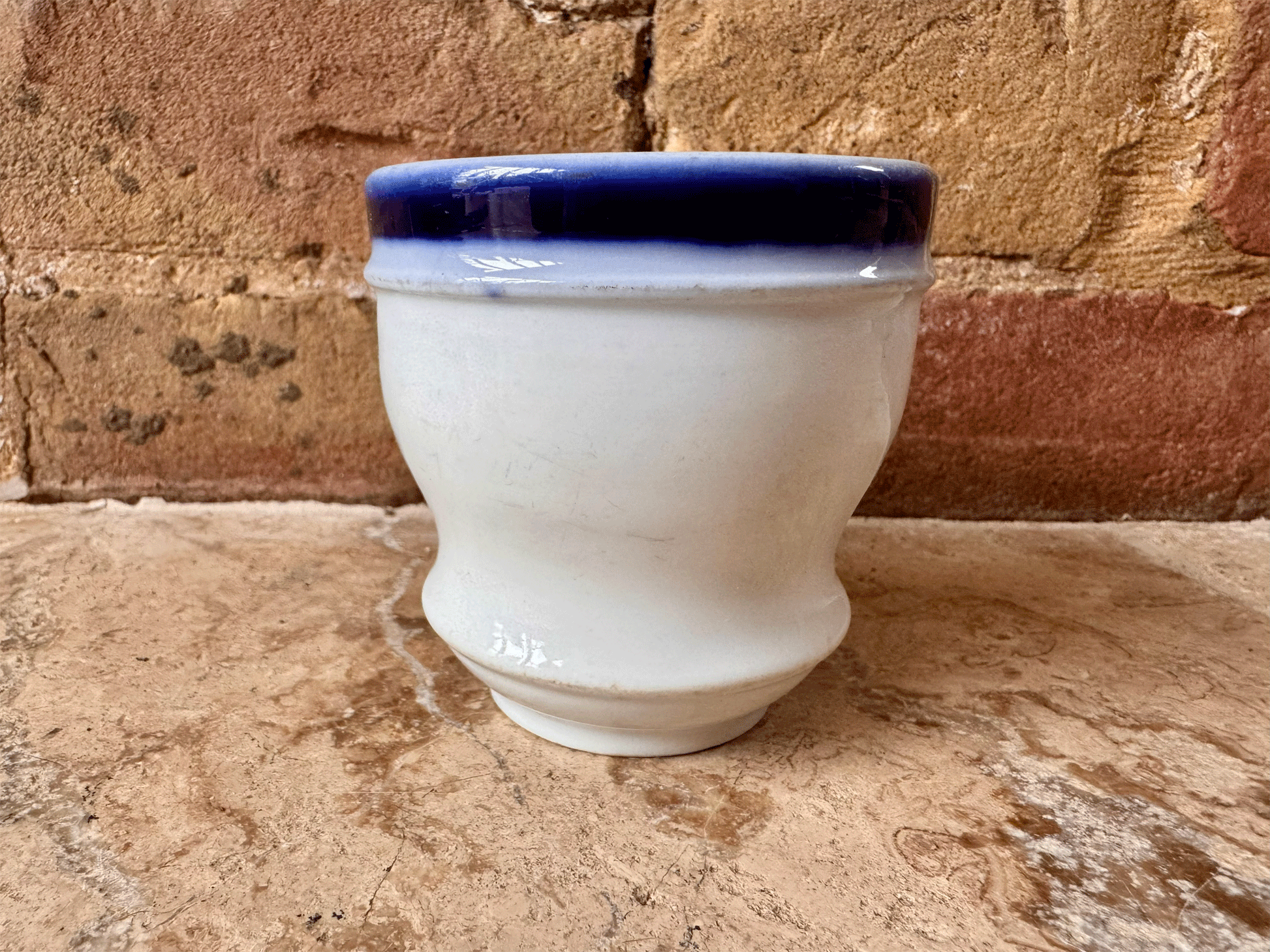 antique french 19th century rare heavyset ironstone terre de fer brulot mug blue white coffee cup