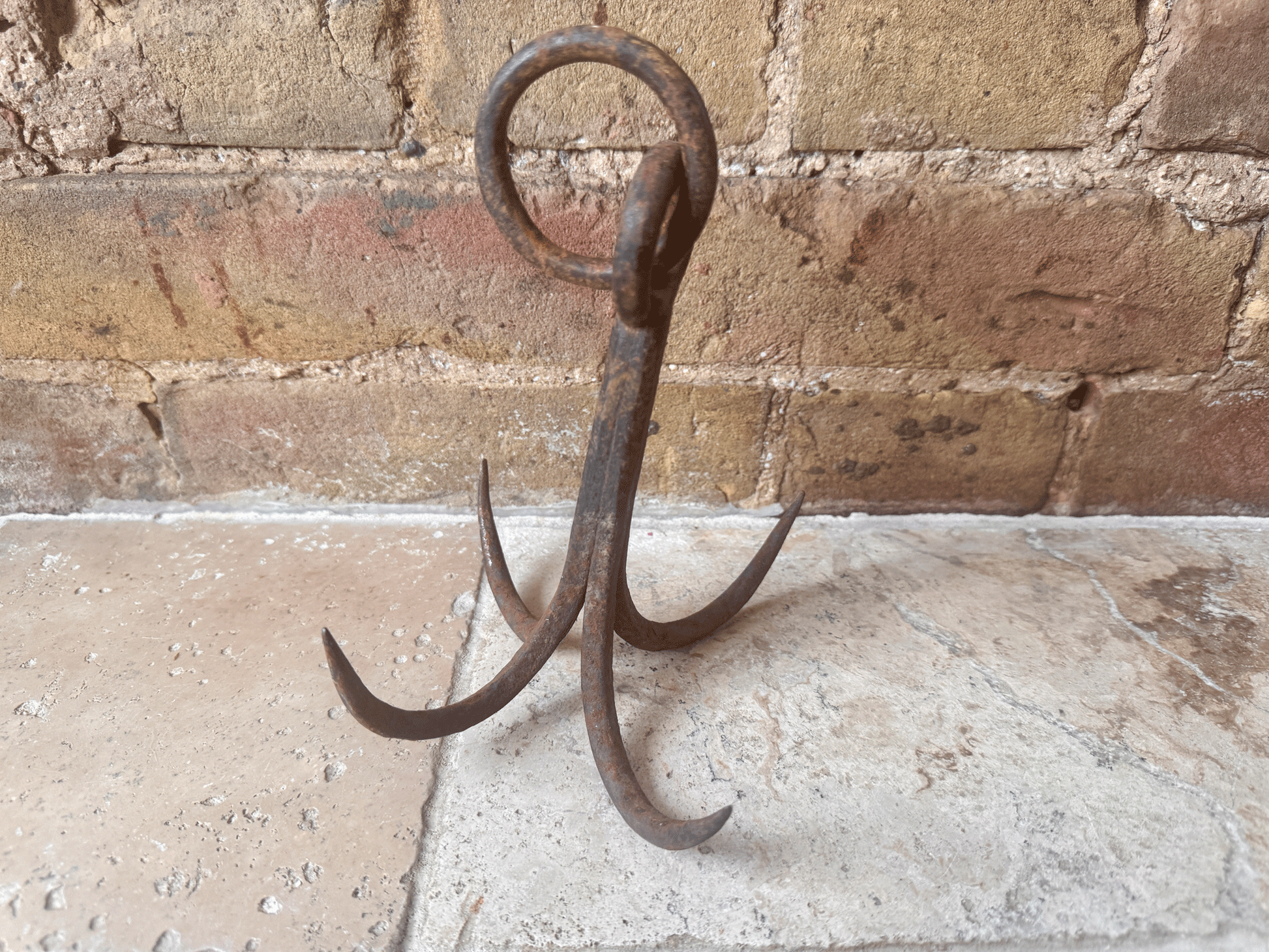 antique french 19th century four pronged grapple butchers hook cast iron industrial farmhouse decor