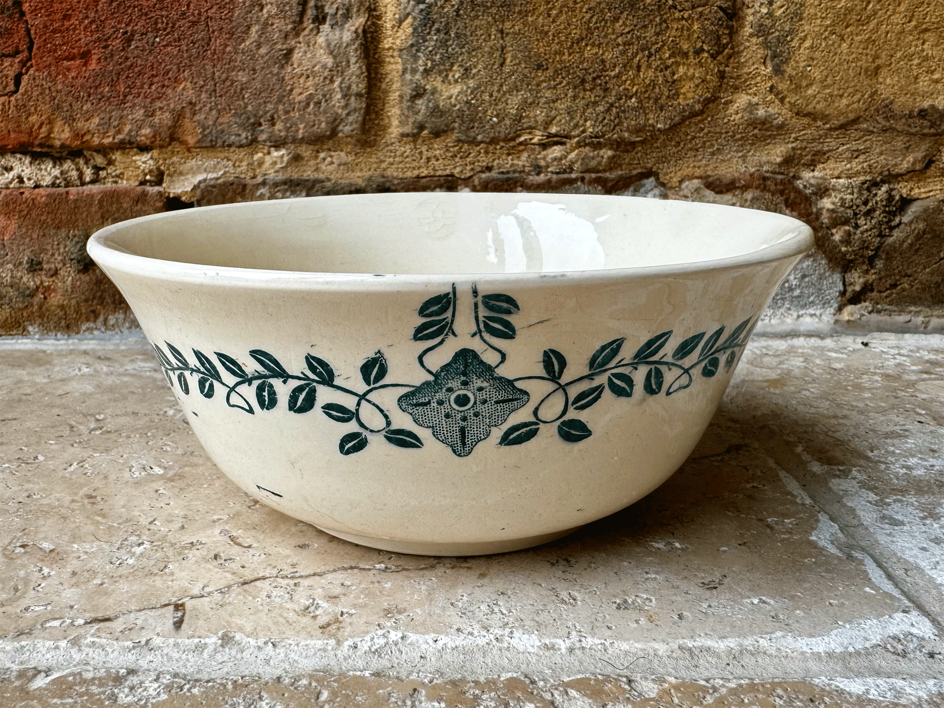 antique french lise longchamp ironstone green transferware breakfast cafe au lait bowl