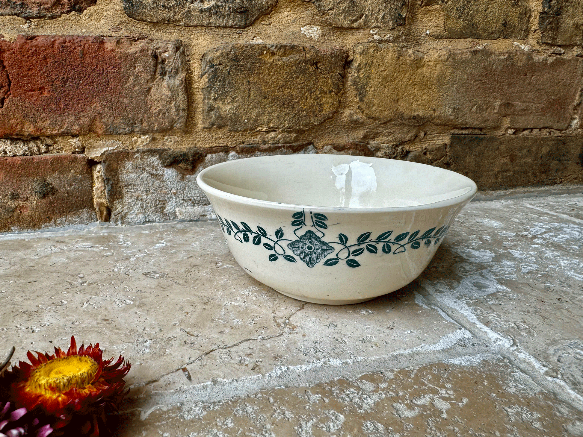 antique french lise longchamp ironstone green transferware breakfast cafe au lait bowl