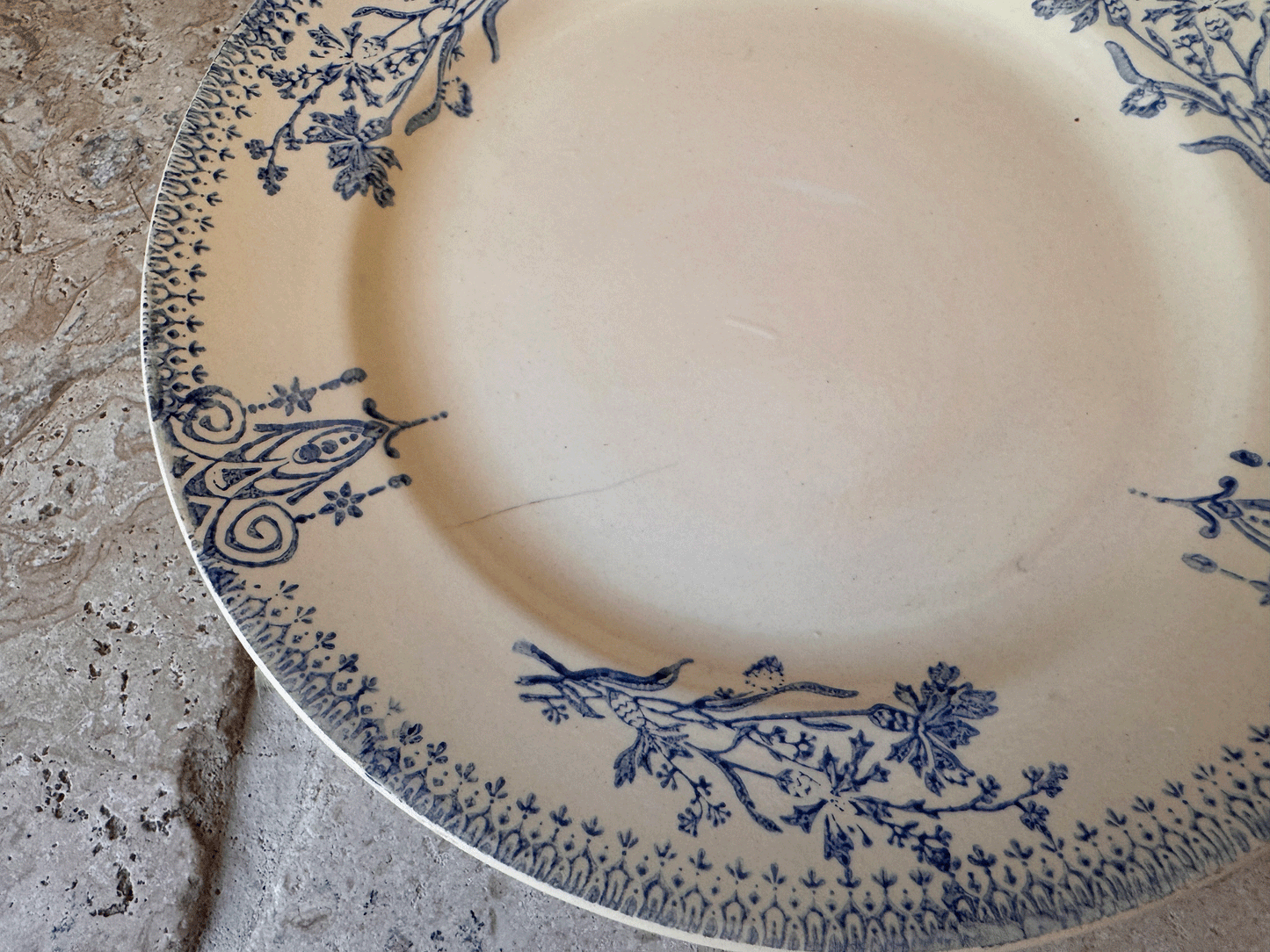 antique french st amand ironstone terre de fer plate blue spongeware