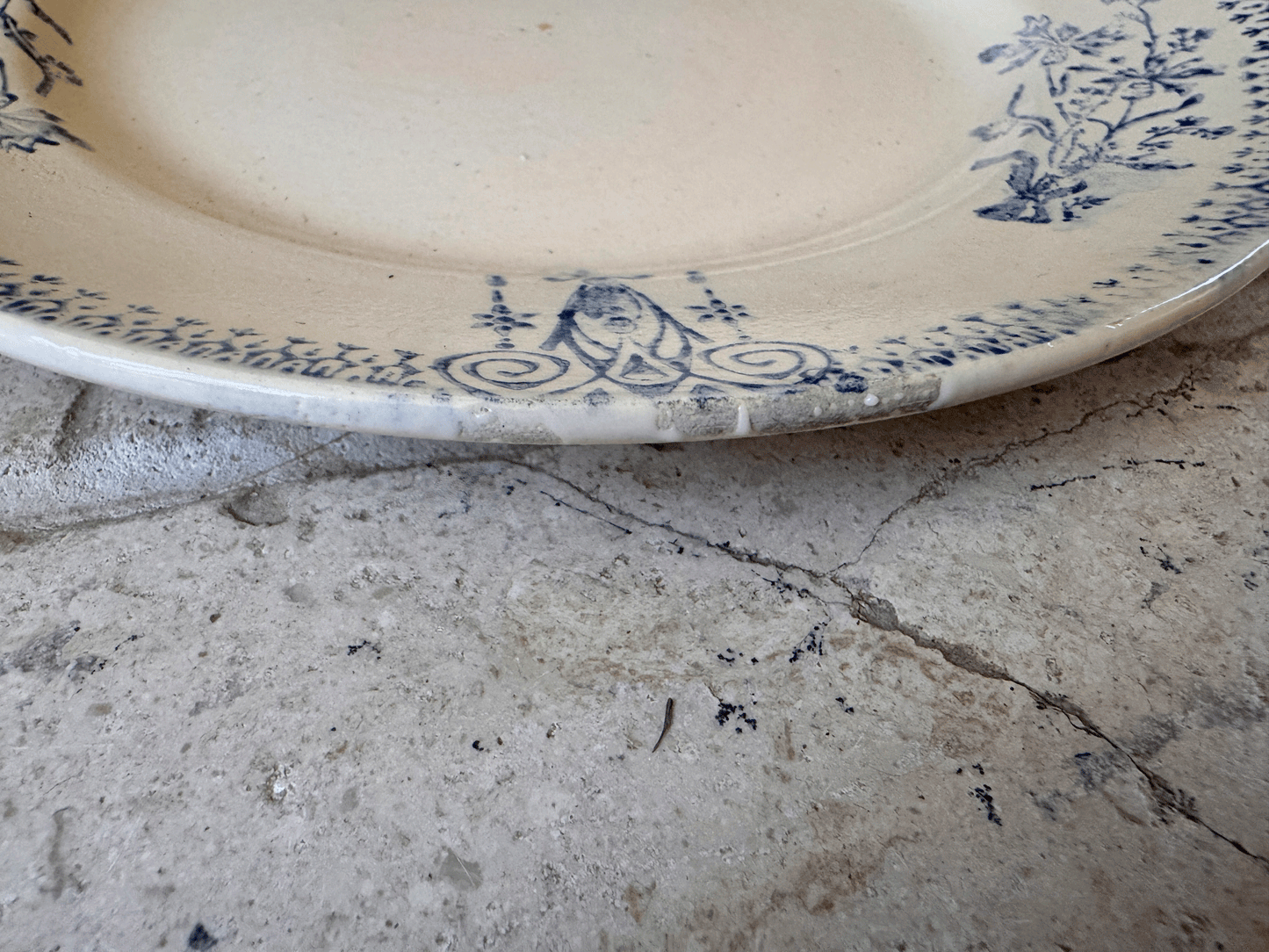 antique french st amand ironstone terre de fer plate blue spongeware