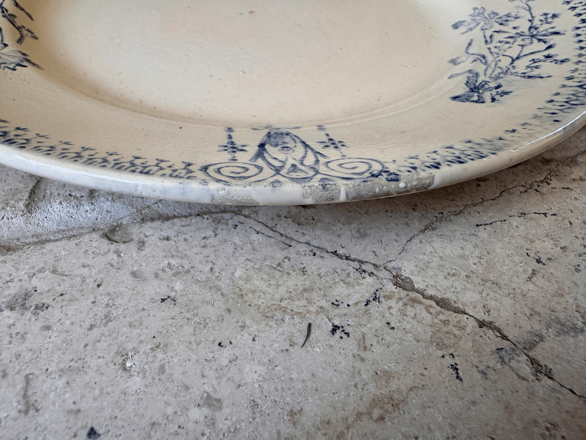 antique french st amand ironstone terre de fer plate blue spongeware