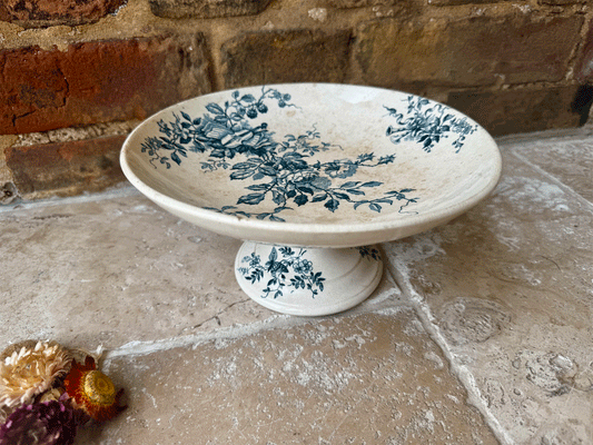 antique french terre de fer ironstone blue transferware compote dish compotier