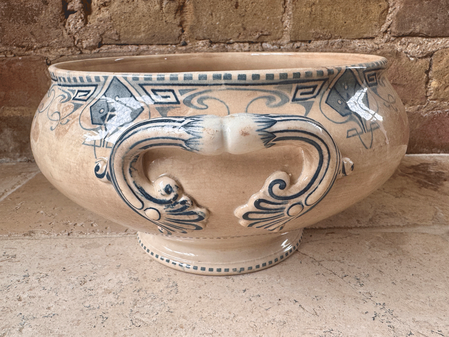 antique french extra large white ironstone terre de fer blue transferware sarreguemines germaine soupiere bowl tureen