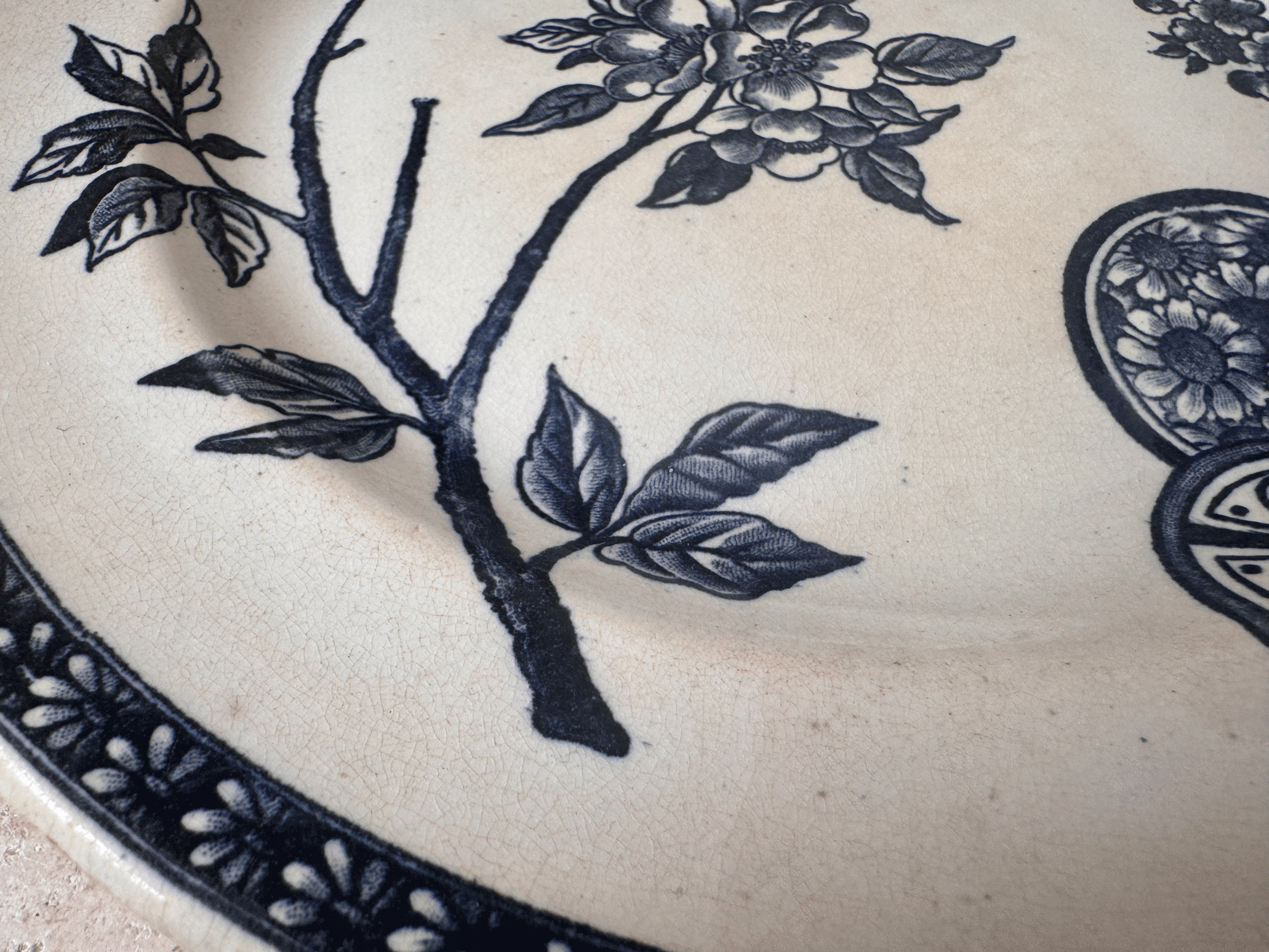 antique french dark blue transferware ironstone terre de fer pate grand depot marguerite
