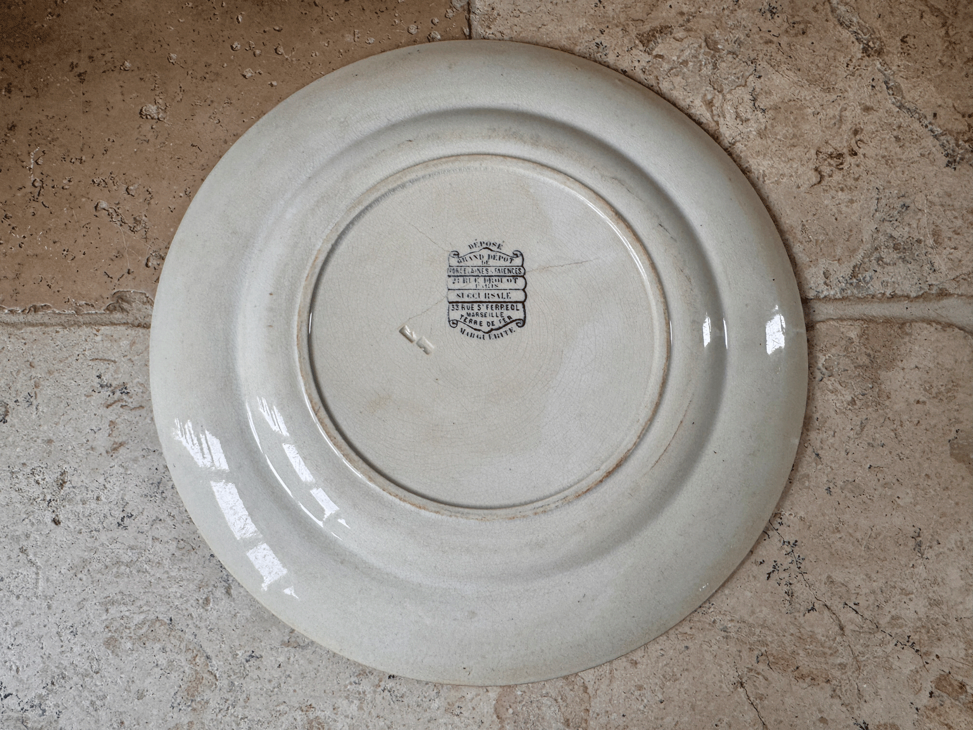antique french dark blue transferware ironstone terre de fer pate grand depot marguerite