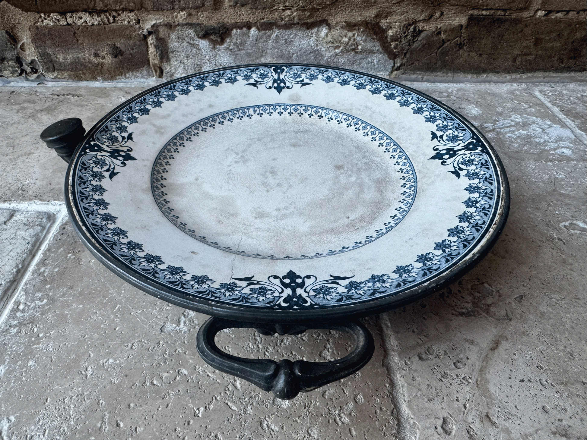 antique french rare blue transferware terre de fer ironstone warming plate platter pewter base