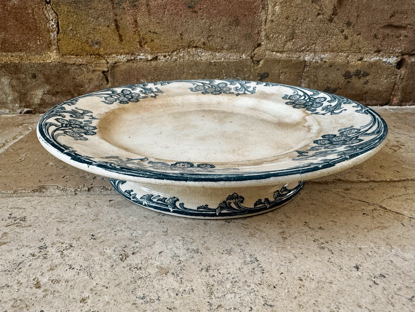 antique patinated ironstone terre de fer teal blue transferware compotier compote dish stand cake plate longwy les eglantines