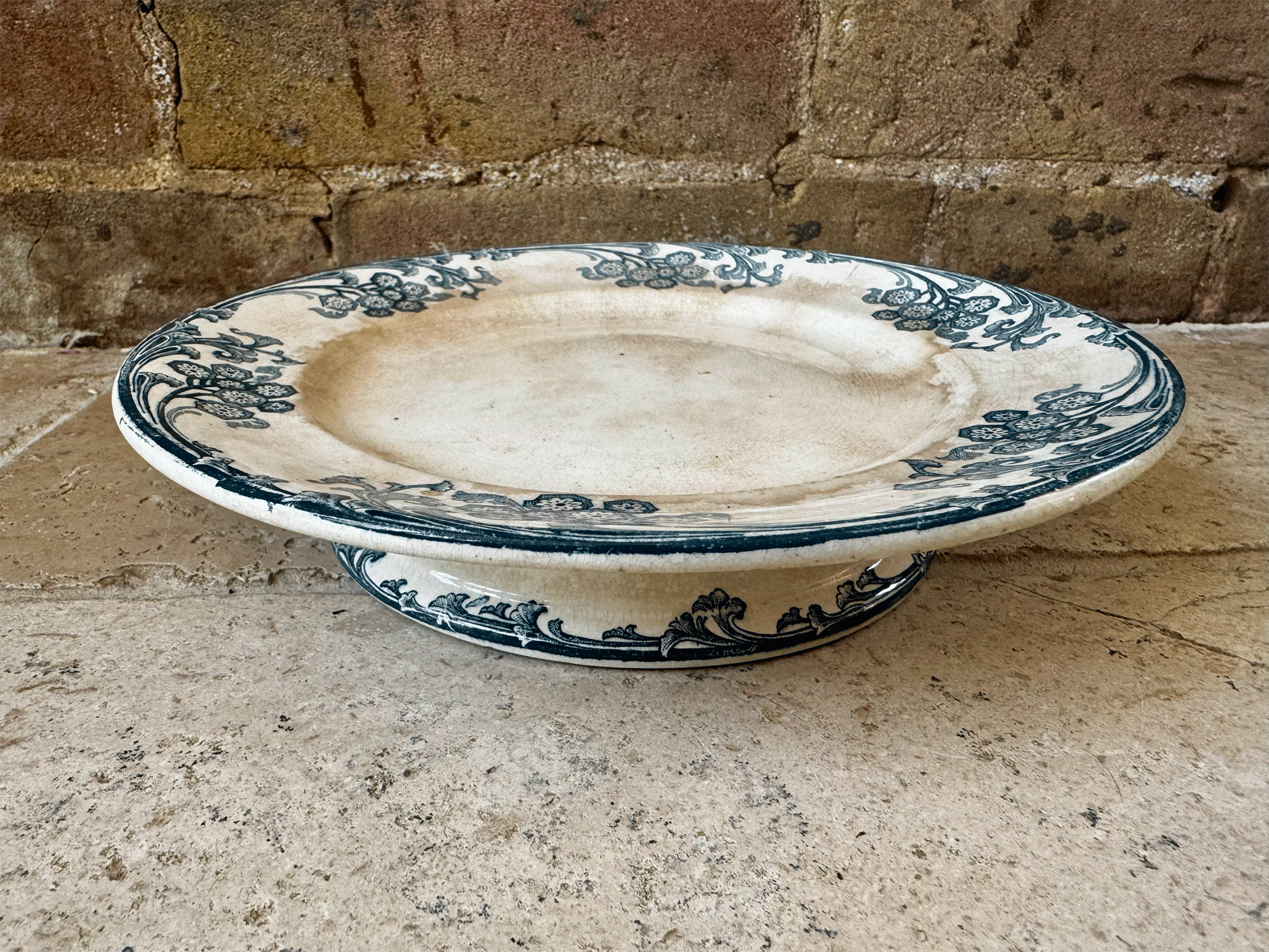 antique patinated ironstone terre de fer teal blue transferware compotier compote dish stand cake plate longwy les eglantines