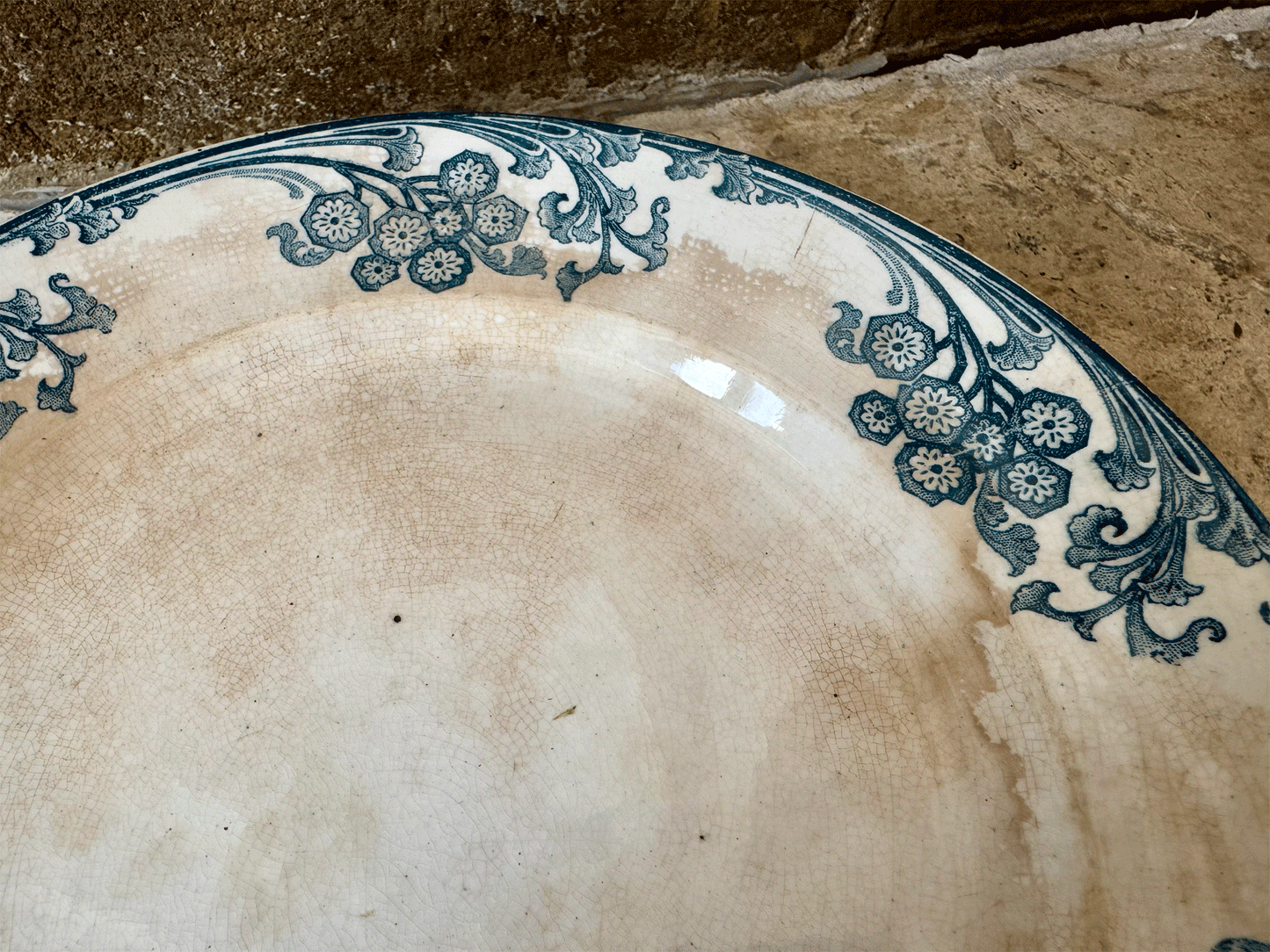 antique patinated ironstone terre de fer teal blue transferware compotier compote dish stand cake plate longwy les eglantines
