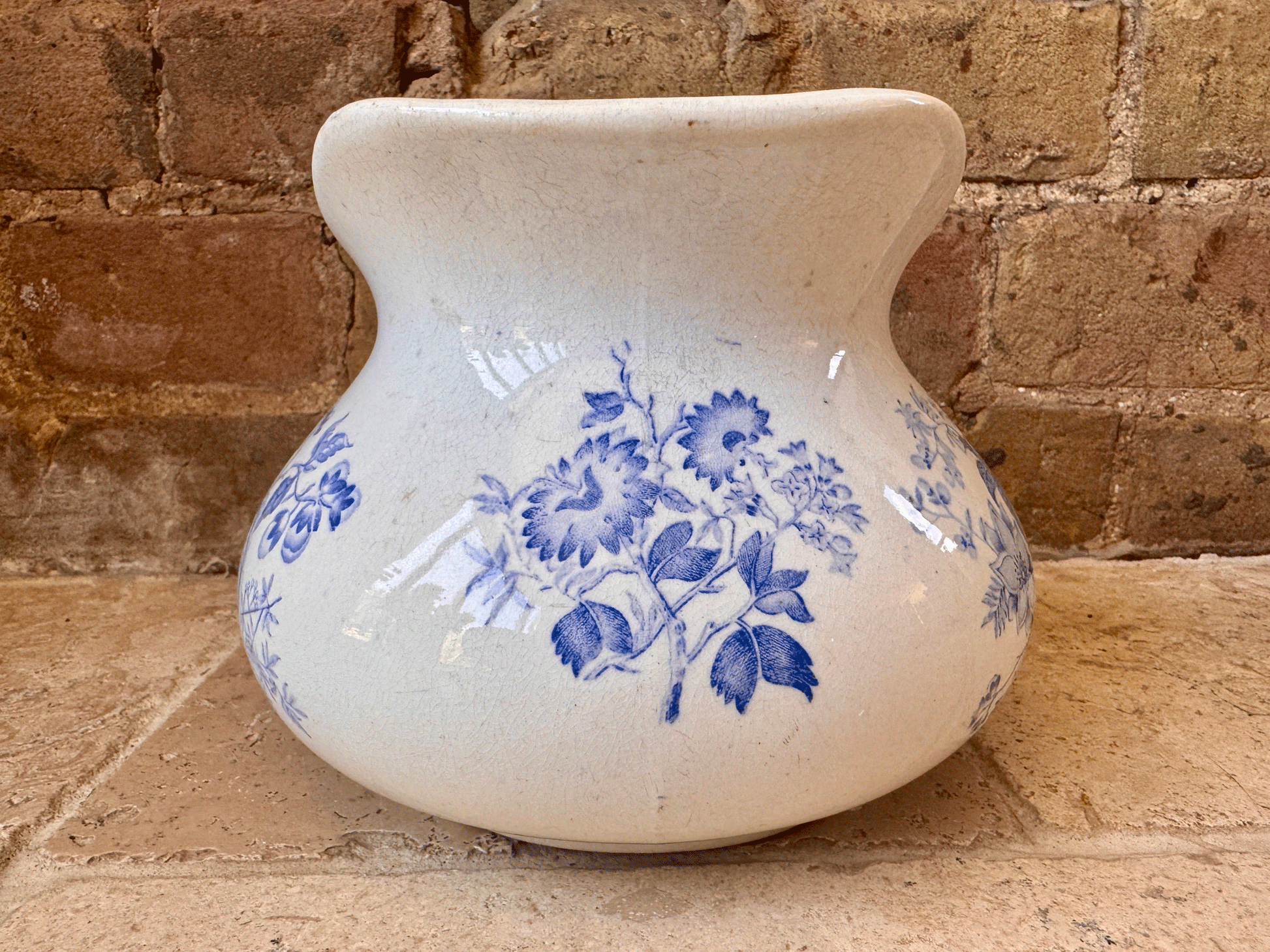 antique french blue transferware terre de fer ironstone pitcher water ewer jug floral decoration