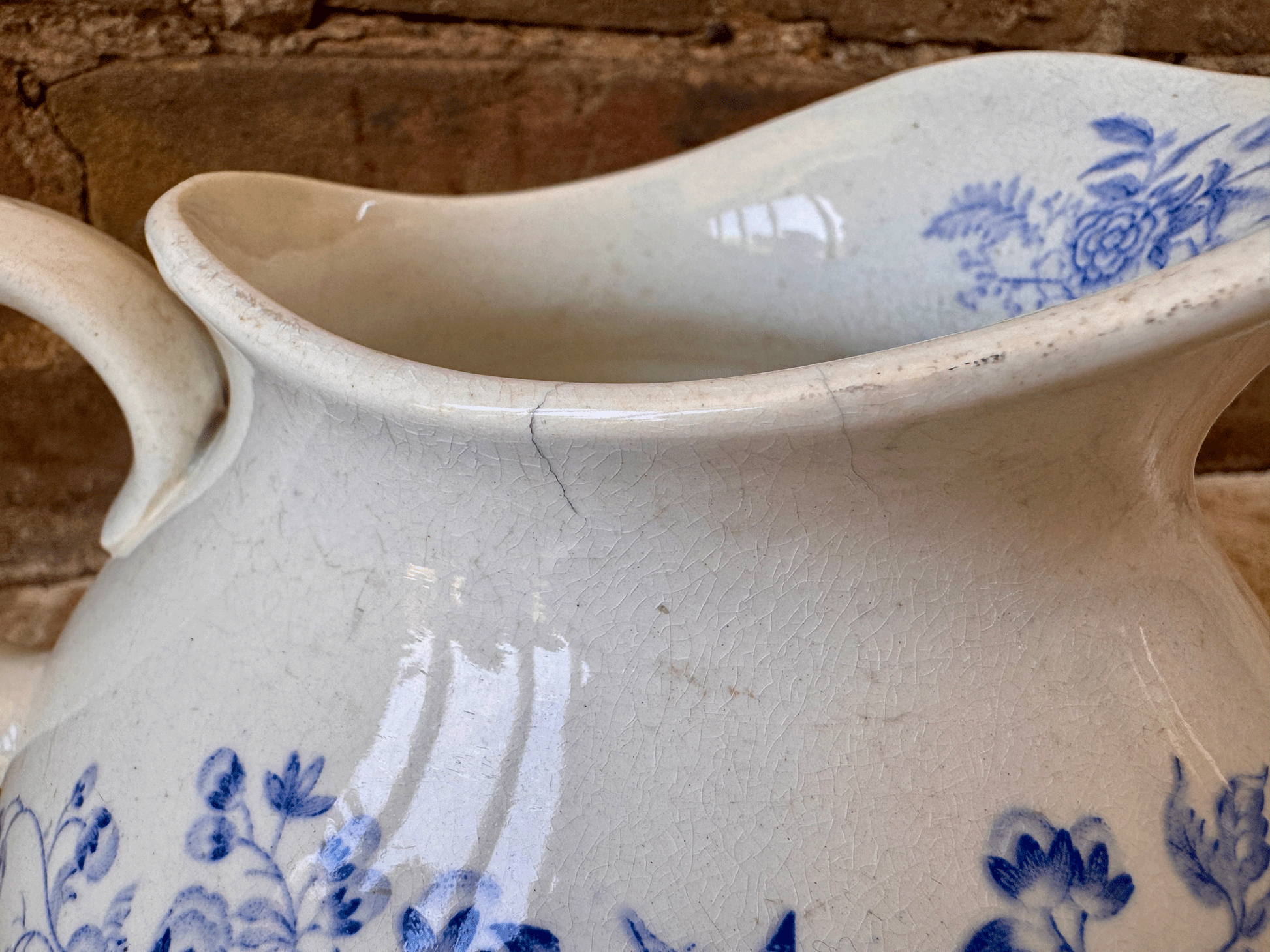 antique french blue transferware terre de fer ironstone pitcher water ewer jug floral decoration
