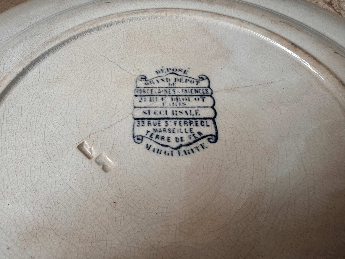 antique french dark blue transferware ironstone terre de fer pate grand depot marguerite