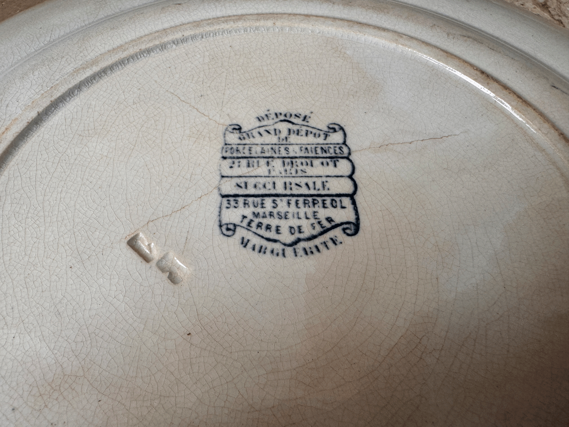 antique french dark blue transferware ironstone terre de fer pate grand depot marguerite