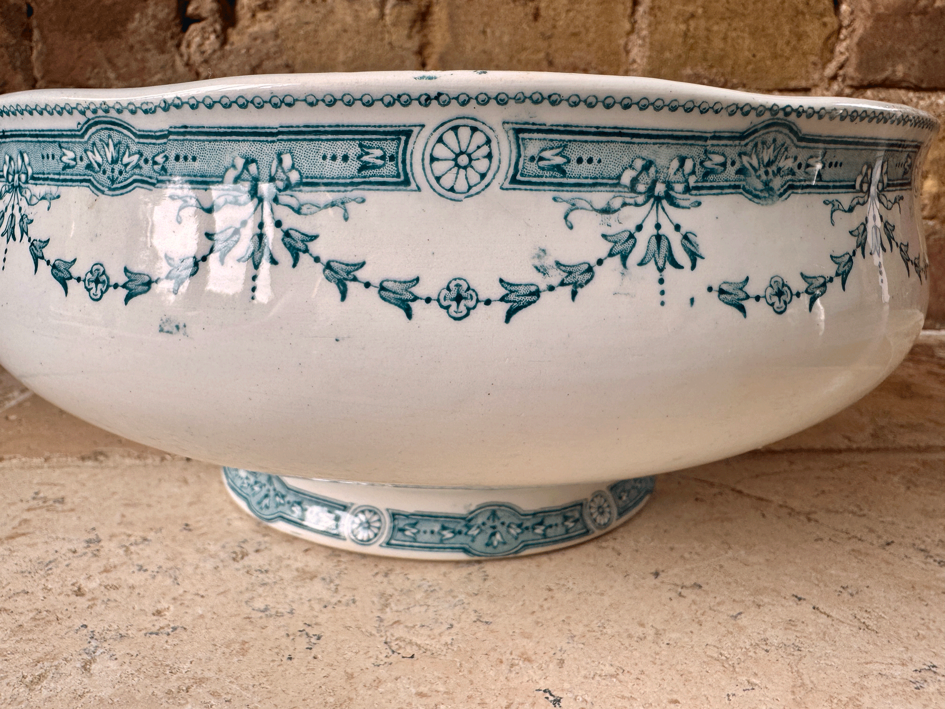 antique french large white ironstone terre de fer saladier serving bowl teal green transferware provence moulin loups hamage