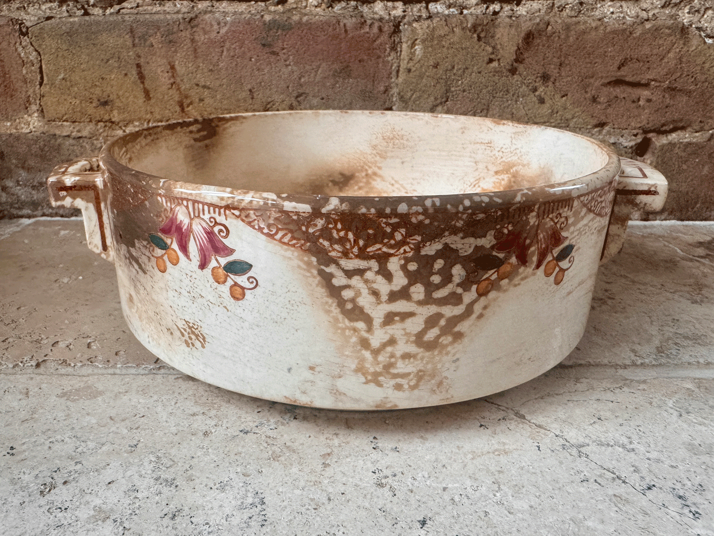 antique stained heavily patinated timeworn aged french terre de fer ironstone tureen soupiere longwy monaco