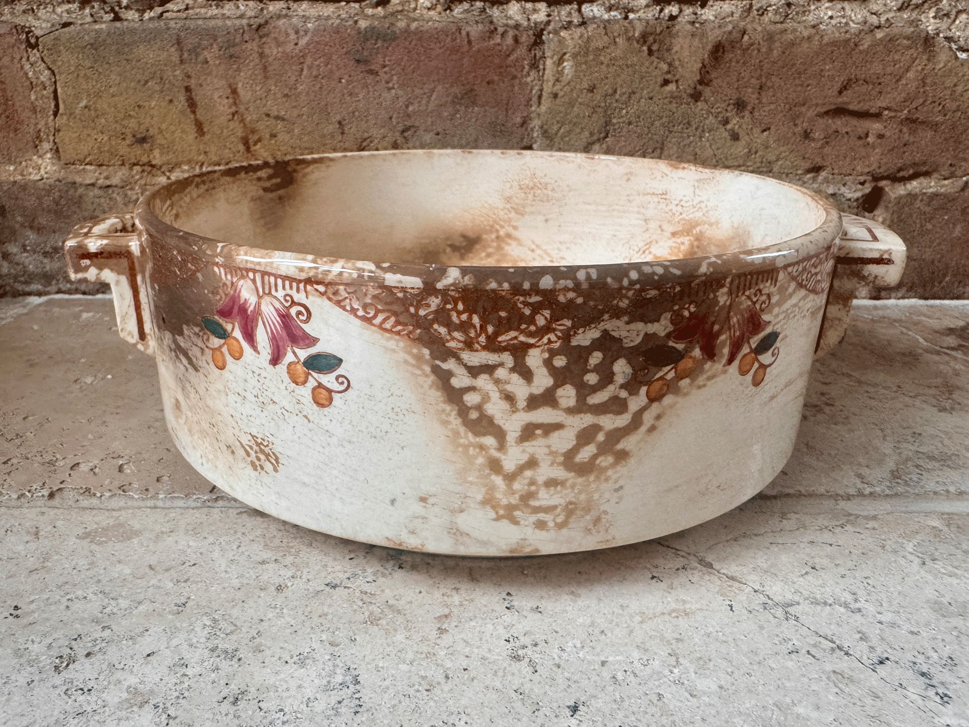 antique stained heavily patinated timeworn aged french terre de fer ironstone tureen soupiere longwy monaco