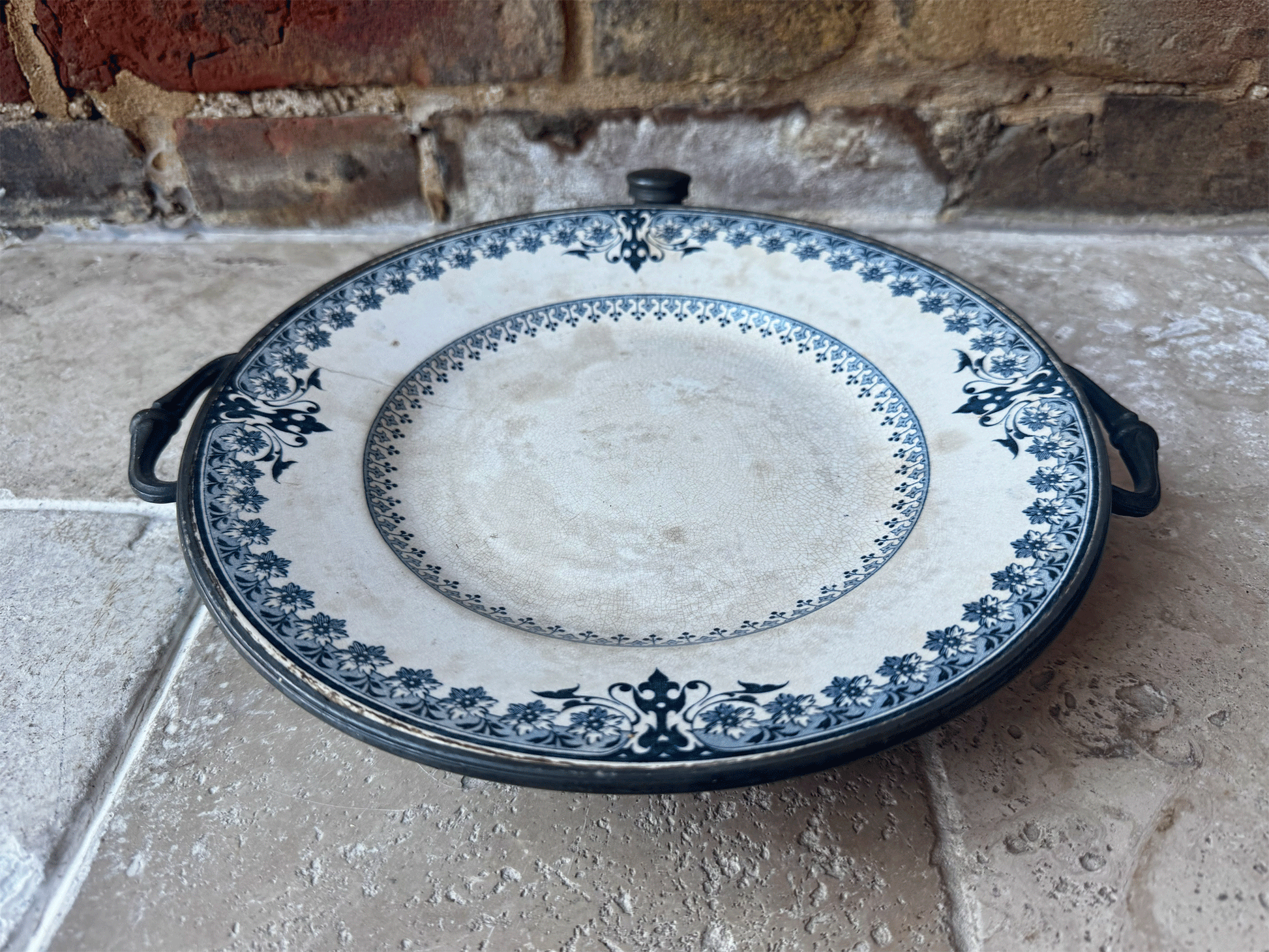 antique french rare blue transferware terre de fer ironstone warming plate platter pewter base