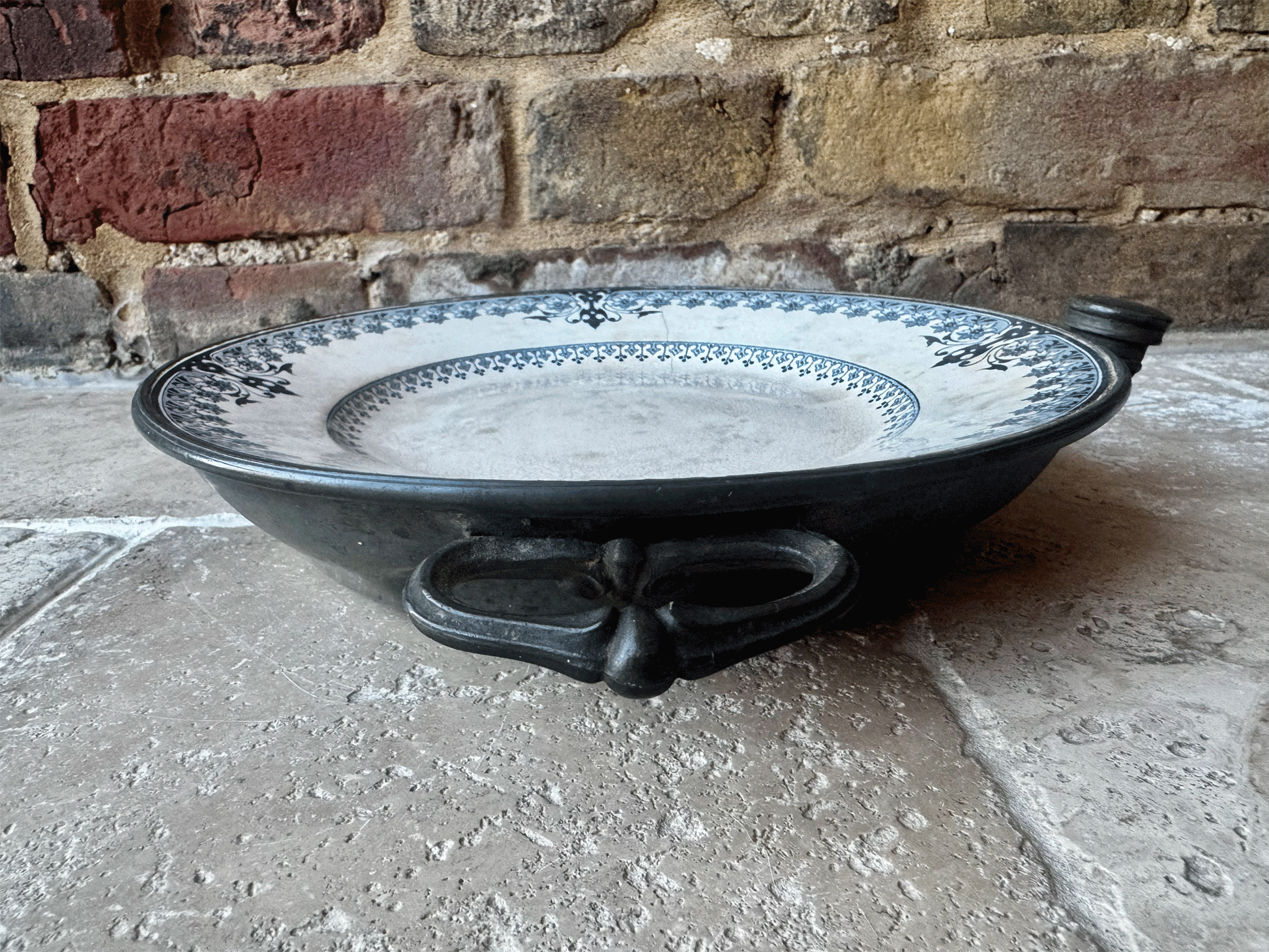 antique french rare blue transferware terre de fer ironstone warming plate platter pewter base