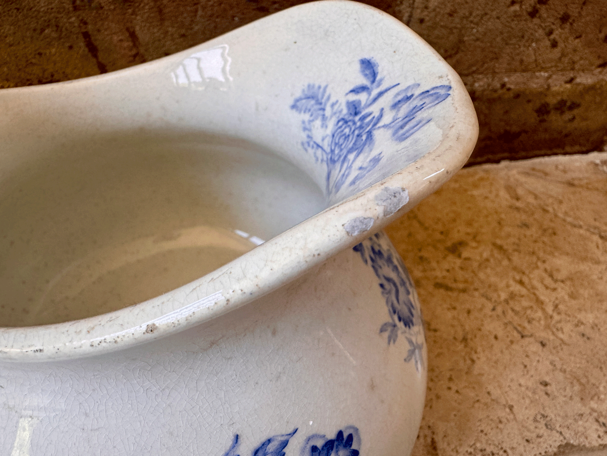 antique french blue transferware terre de fer ironstone pitcher water ewer jug floral decoration