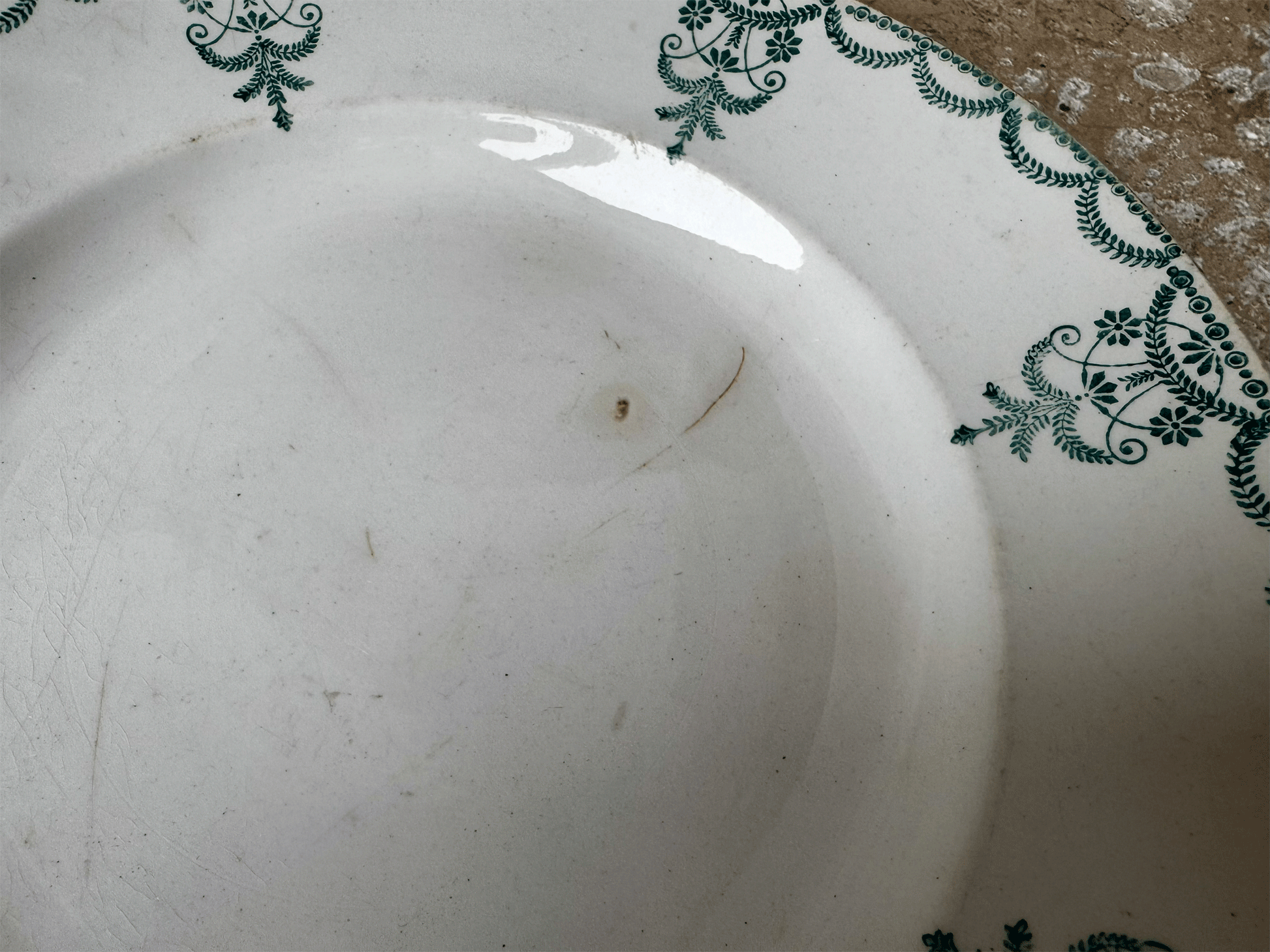 antique french moulin des loups hamage terre de fer ironstone side plate green transferware garland border