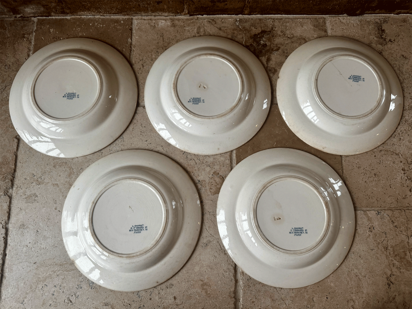 antique chippy buttery terre de fer large ironstone soup bowl dark blue transferware monogram