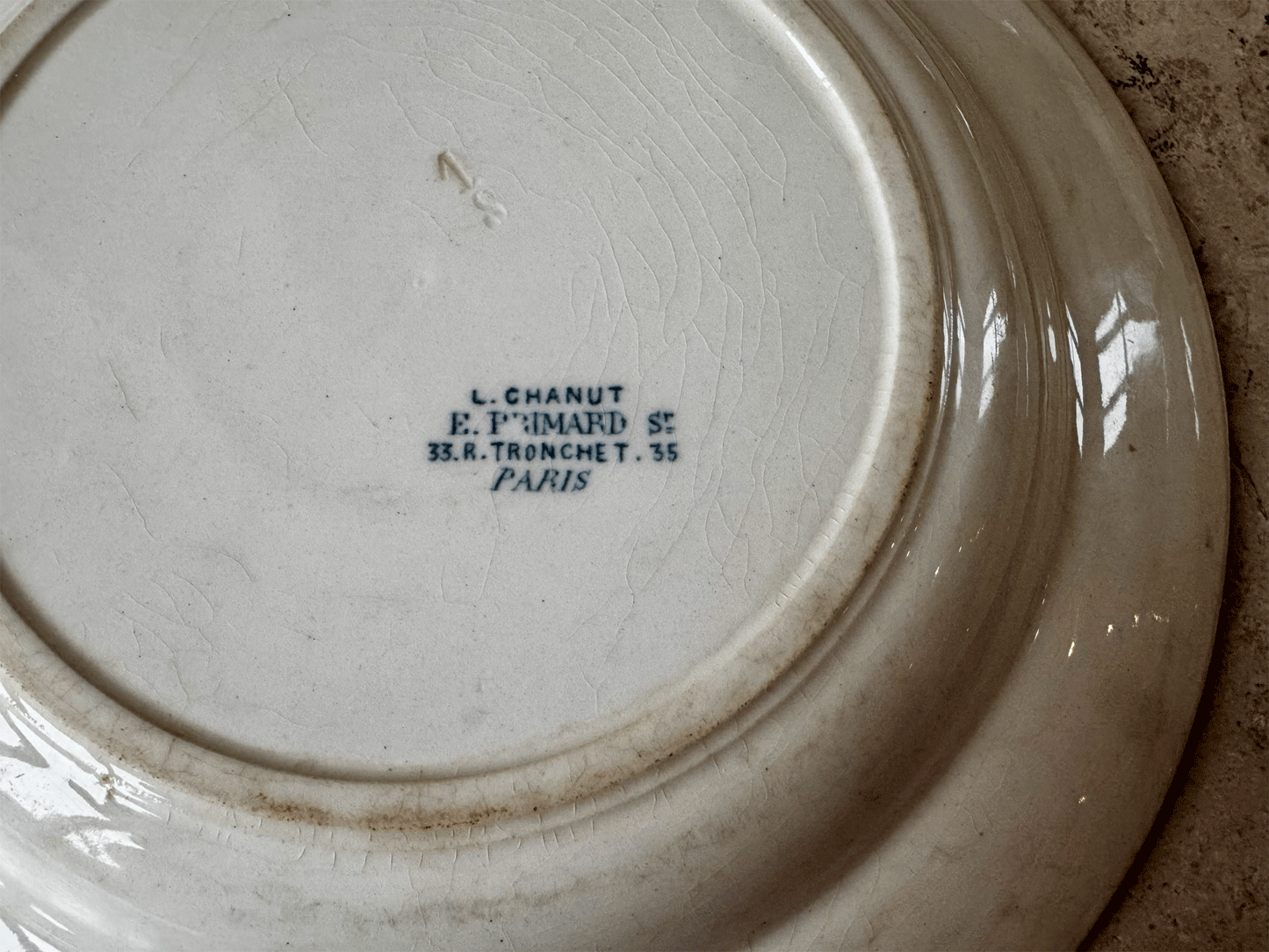 antique chippy buttery terre de fer large ironstone soup bowl dark blue transferware monogram