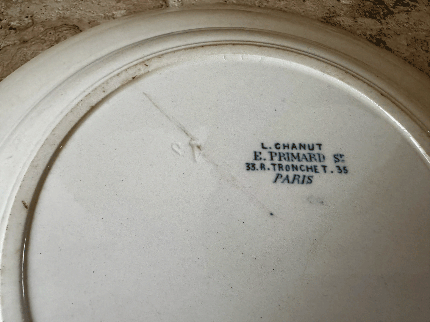 antique chippy buttery terre de fer large ironstone soup bowl dark blue transferware monogram